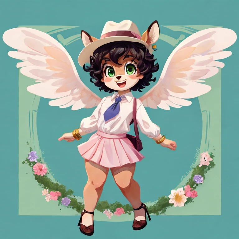 Cute, deer boy, small deer antlers, innocent, chubby, fat, big thighs, androgynous, femboy, short curly hair, black hair, fawn spots, freakles, ((cute)), smiling, wearing cottage core outfit, pastel color scheme, young, cartoony, adorable, deer tail, moss green eyes, angel wings, dynamic pose, excited pose, energetic pose, happy pose, spring, spring clothes, spring colors, flowers blooming, wearing a chiffon blouse with bell sleeves and a tie-front detail in soft pastel colors or a simple elegant print with wide-leg culottes in a light fabric such as linen in a complementary color and low-heeled mules or block heels in a nude or pastel shade along with a fedora or wide-brimmed hat in a neutral color and minimalist gold or silver jewelry like a sleek bracelet and stud earrings also a crossbody bag or clutch with a clean, elegant design,