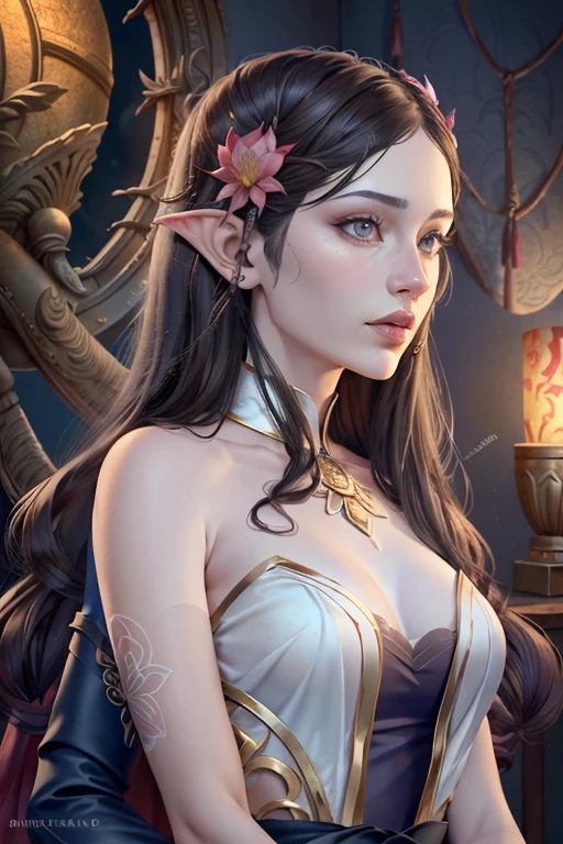 a beautiful ethereal female shénlíng, tall and slender with glowing clear skin, large expressive eyes in vibrant colors reflecting ancient wisdom, long silky hair in deep black to golden brown shades adorned with natural elements, lightweight and translucent lotus-petal-like clothing in colorful traditional patterns, pointed elven-like ears, 1girl, detailed face, extremely detailed eyes and face, longeyelashes, digital art, concept art, cinematic lighting, vibrant colors, fantasy, mystical, magical realism, photorealistic, (best quality,8k,highres,masterpiece:1.2),ultra-detailed,(realistic:1.37)