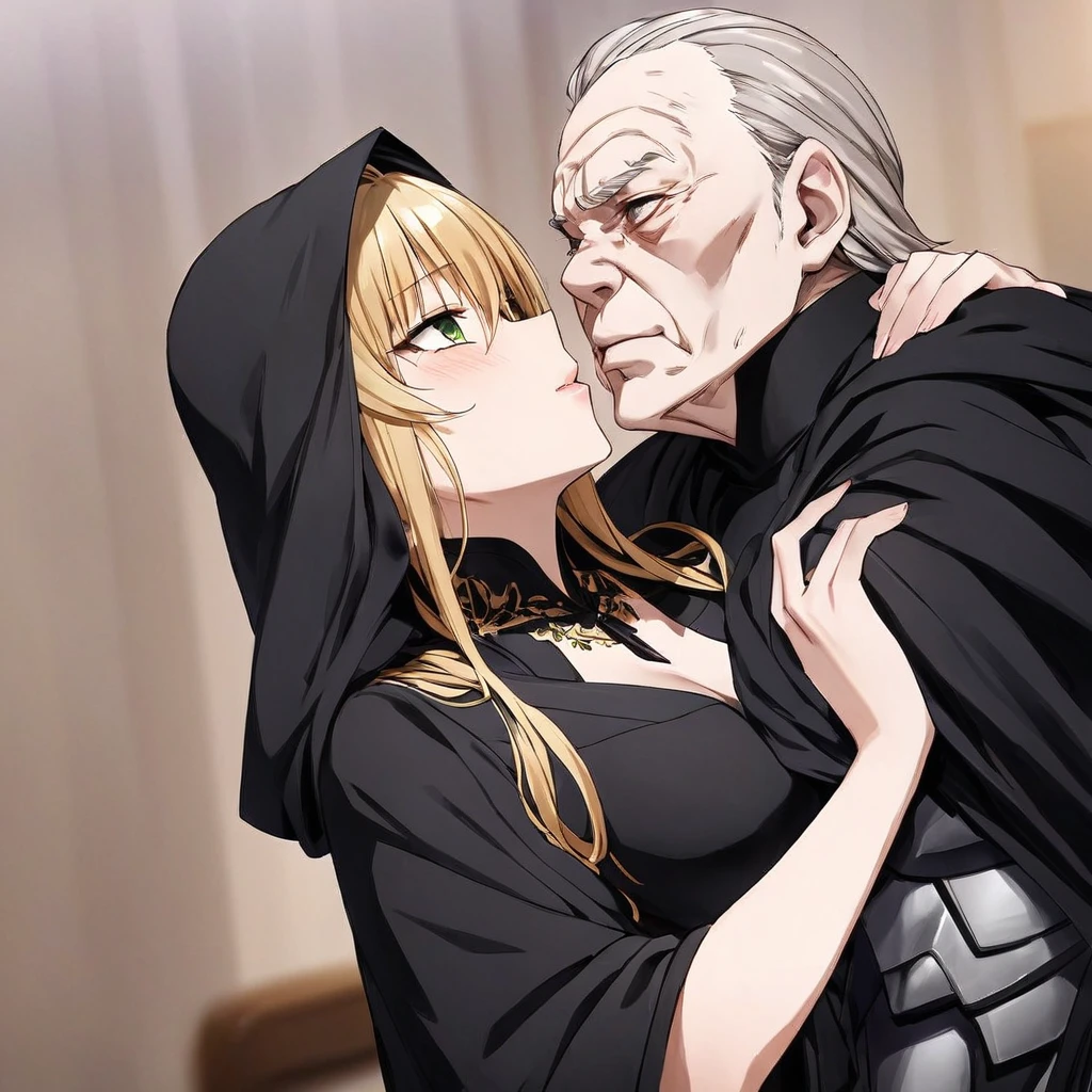 ((Highest quality)), ((masterpiece)), (detailed), (Perfect Face)、The woman is a thief with green eyes and medium-long blonde hair. She is wearing a gorgeous black wedding dress with gorgeous gold embroidery and trim, a black wedding veil, and an engagement ring.、The woman embraces Emperor Palpatine, kisses him, and gets married to him.、The woman is standing next to the Emperor, and the dignified old Emperor Palpatine embraces her, kisses her vows, and gets married.、The man is Darth Sidious, Emperor Palpatine, Dark Lord of the Sith, a wrinkled, dignified, ugly old man wearing a black hooded robe.