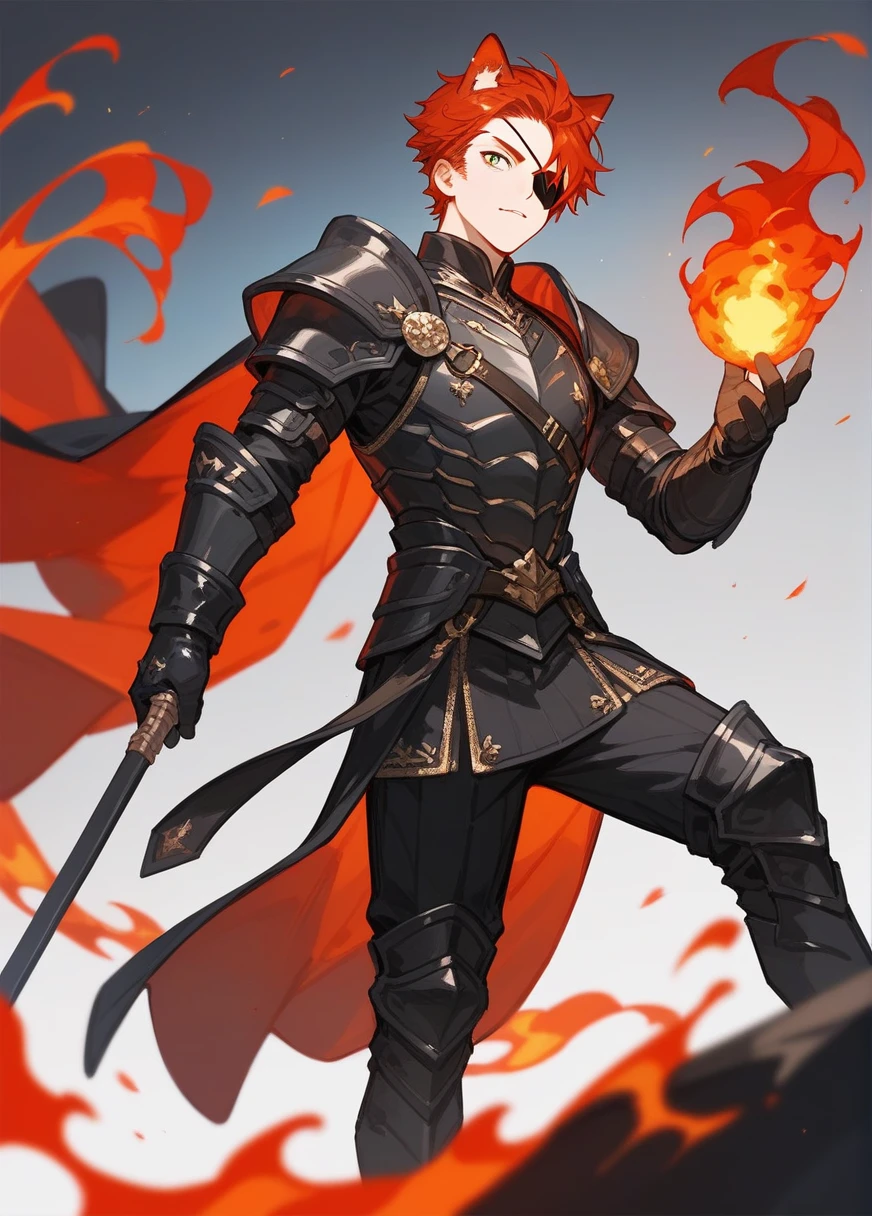 Boy with a slightly effeminate appearance, attractive and adorable, his hair is slightly long black, he has an eye patch that emits red fire from the patch, his uncovered eye is red in color that shines with a sharp pupil like that of a cat, his clothes are made of gloves made of black armor with elegant clothes with boots of black armor