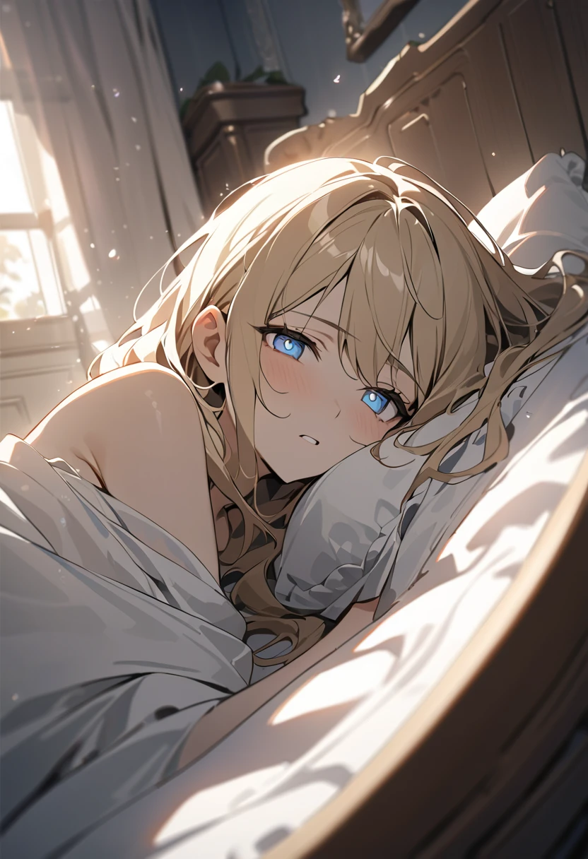European style room, with sunlight coming in, girl lying on the bed, looks 16 or 17 years old, long blonde hair, wearing a white saree, slender body lying on the side of the bed, cold expression, blue pupils, just woke up from a nap, beautiful picture, masterpiece, cinematic light, masterpiece, bas relief