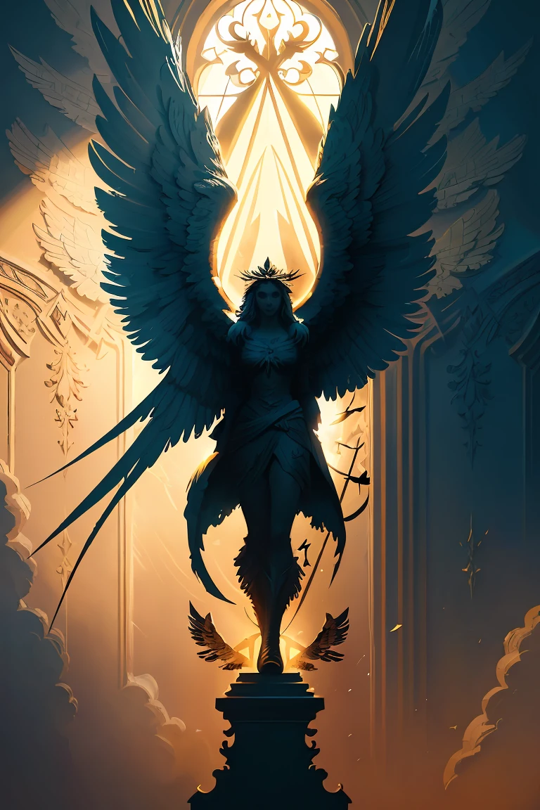 A captivating illustration of the word "Gabriel" in stylized, handwritten typography. The lettering appears to be floating between two
magnificent stone angel wings. Above the wings, a pair of majestic birds of prey are soaring, their wings outstretched. The overall aesthetic of the piece is cinematic and painterly, with rich colors and dramatic lighting that evokes a sense of divine inspiration., painting, typography, illustration, cinematic,  handwritten typography ("Gabriel") 3d realistic