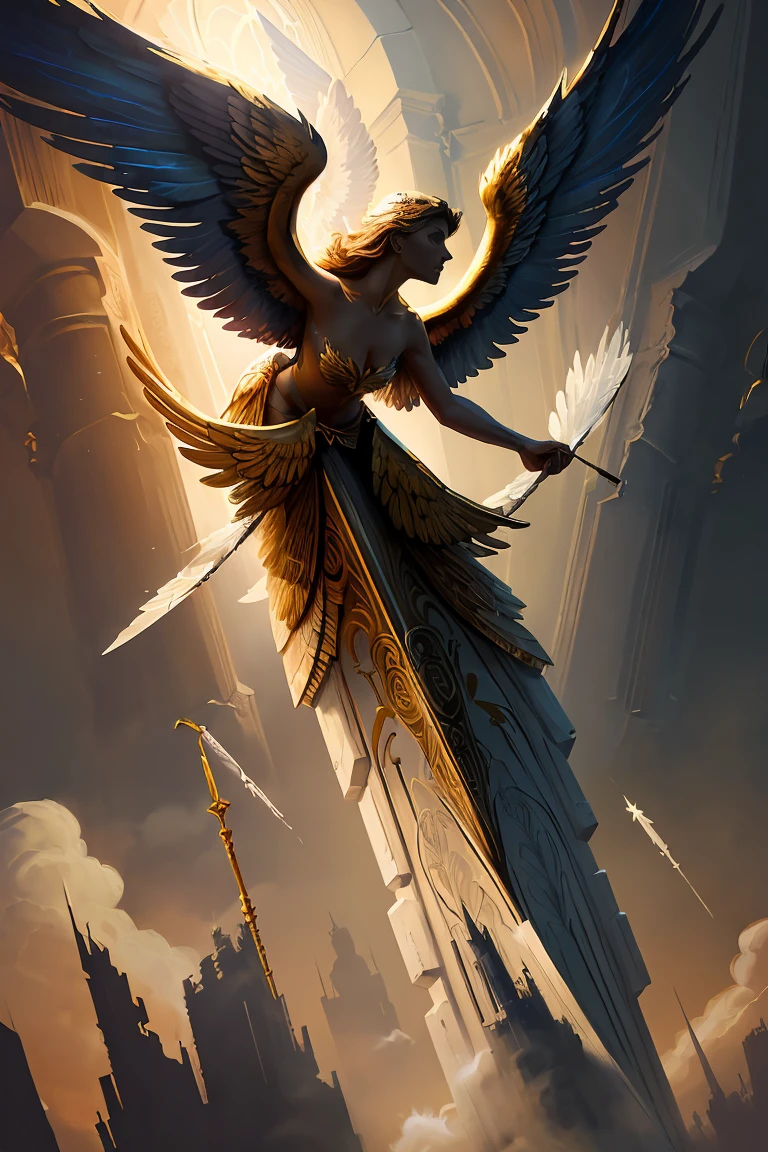 A captivating illustration of the word "Gabriel" in stylized, handwritten typography. The lettering appears to be floating between two
magnificent stone angel wings. Above the wings, a pair of majestic birds of prey are soaring, their wings outstretched. The overall aesthetic of the piece is cinematic and painterly, with rich colors and dramatic lighting that evokes a sense of divine inspiration., painting, typography, illustration, cinematic, handwritten typography ("Gabriel") 3d realistic