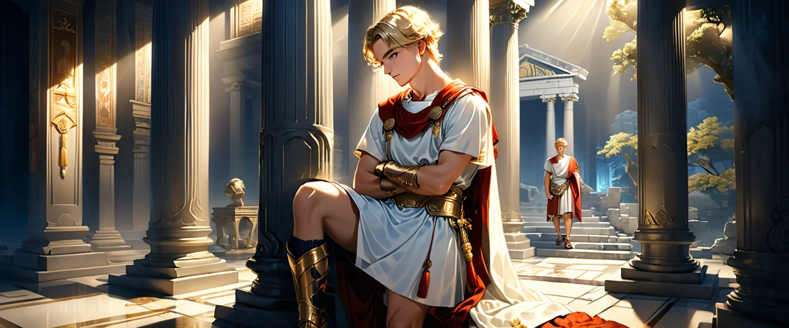 Handsome young blond man, around 20 years old, Roman soldier, liturgical uniform, he is wearing Roman sandals and calf and knee pads, full-body image, ancient Greek temple, He was (standing:1.2), (leaning against a pillar:1.3), thinking deeply, looking down a little, arms folded, weight on one leg, the other slightly bent, late night inside the temple (dark: 1.5) (unlit: 1.4), moonlight shining in at an angle and illuminating him clearly. Highly detailed, photorealistic, realistic lighting, intricate architecture, ornate decor, cool color palette, gold accents, soft fabric textures, seductive facial expression, graceful pose, cinematic composition, natural lighting, realistic shadows, mysterious atmosphere, hyperrealistic, award-winning art