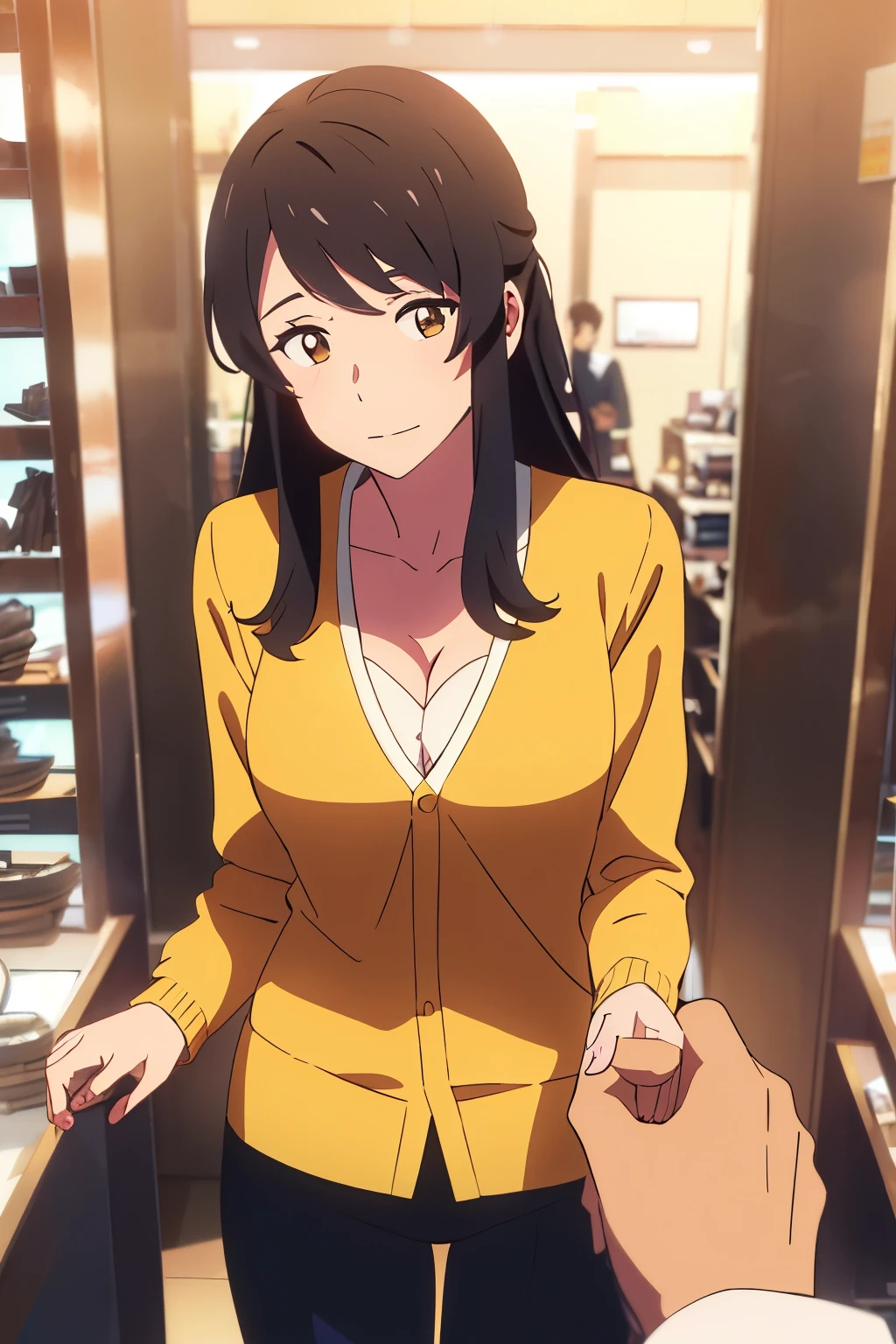 shinkai makoto, kimi no na wa., 1man, buzzut, mustache, wrinkle face, bangs swipe to te Right, office suit, man touching girl chest,chestgrope from behind, kiss cheeks, passionate hug, man is hugging from behind, 1girl, bangs, black hair, brown eyes, Twisted Half Up, red ribbon, long hair, long sleeve light yellow cardigan, open shirt, yellow shirt, cleavage, breast, medium breast, Orange shirt, name tag written "LUMINE Miyamizu", looking at the viewer, indoors, jewelry products, jewelry shop, jewelry saleswoman, indoors, mall, masterpiece, perfect anatomy, cowboyshot, POV (POV boy's hand breastgroping POV)