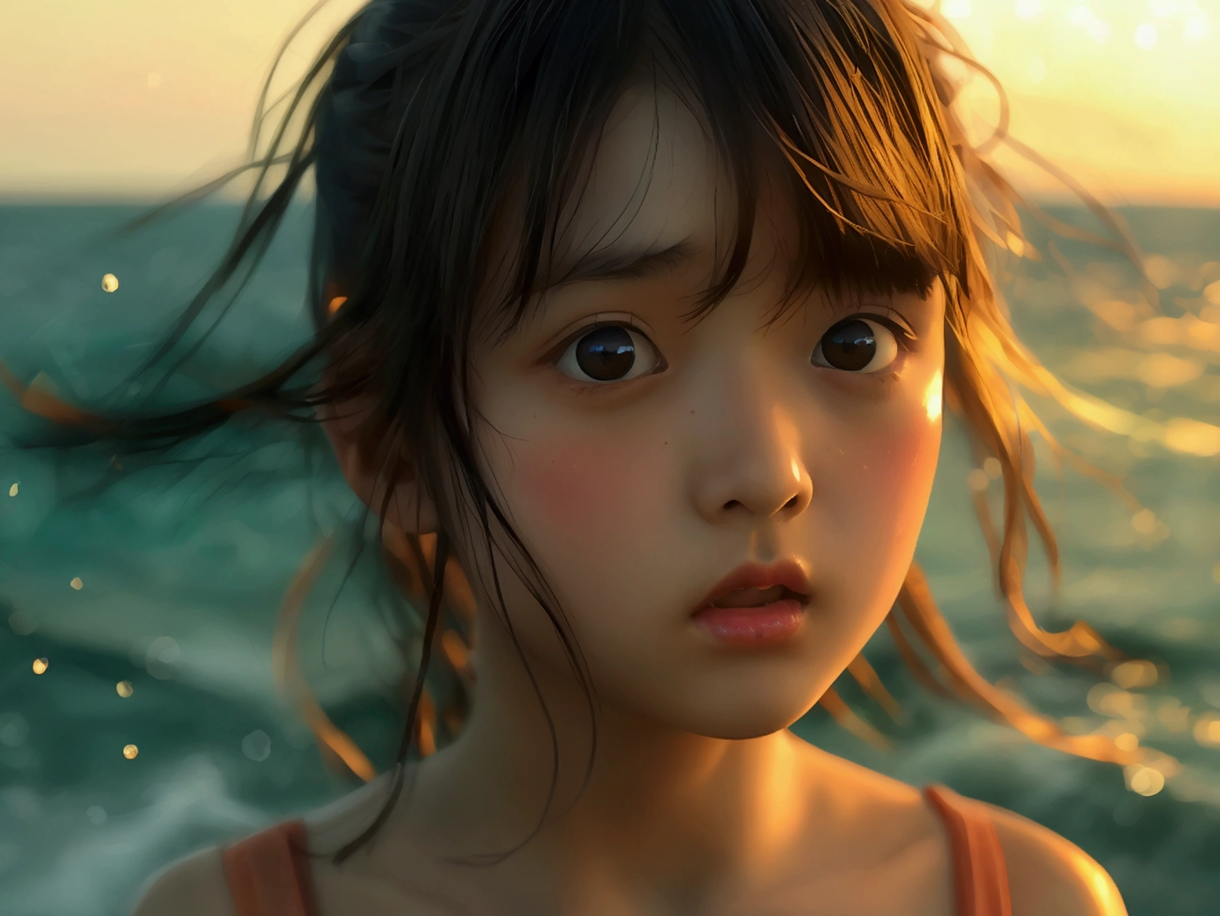 Cute 16-year-old Japanese girl, scared and surprised, sea in the background.