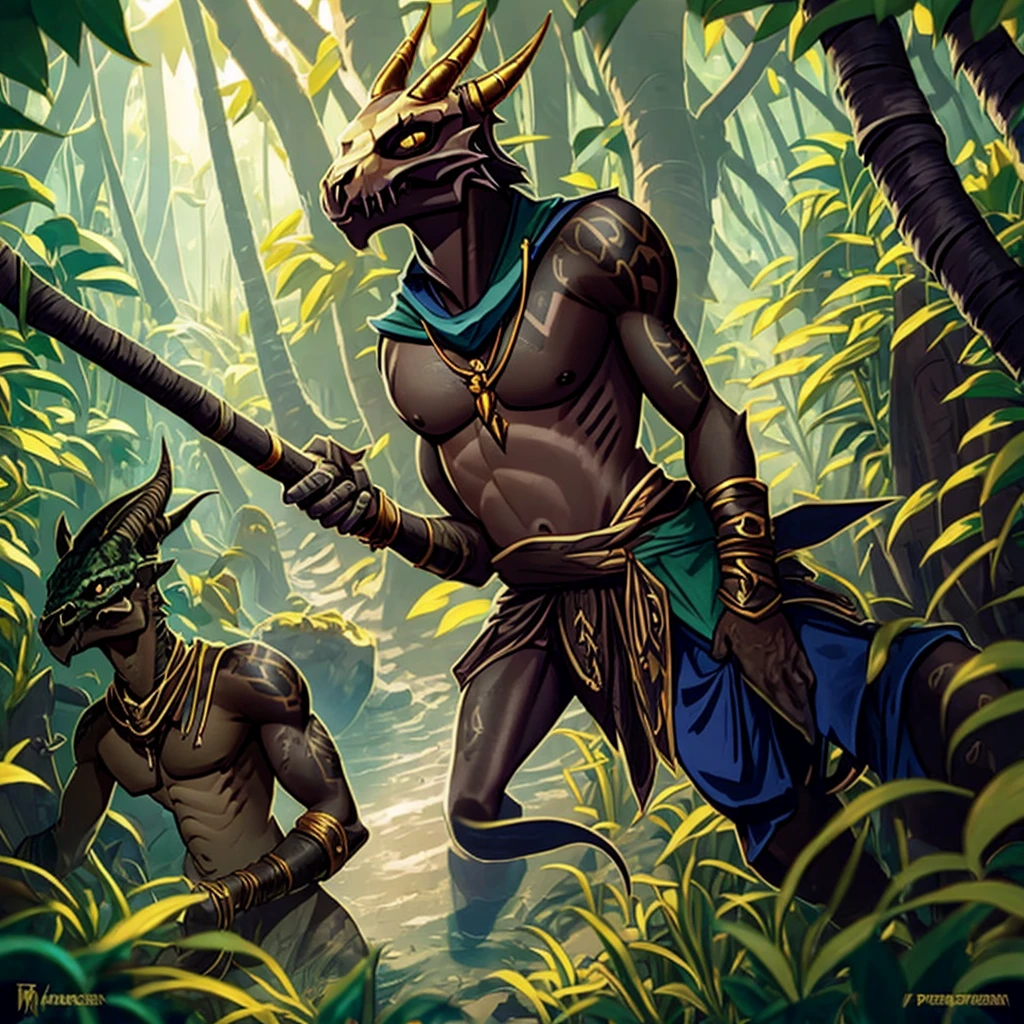 Kobold, scalie, solo, black skin, anthro, male, kobold male, men, flat chested, flat breasts, horns, tribal tattoos, womb tattoo, tail, kobold tail, Penetrating gaze, Magic staff with animal skull, cuff gold, neck cuff very thick, in a jungle mangrove, slime loincloth, Warlock Kobold, Crotch bulge,