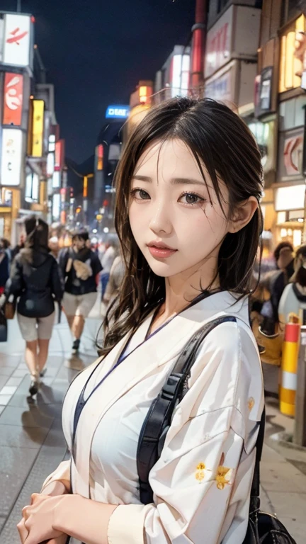 One girl, Tokyo Street,night, Cityscape,City lights, Upper Body,close, 8K, RAW Photos, Highest quality, masterpiece,Realistic, photo-Realistic,