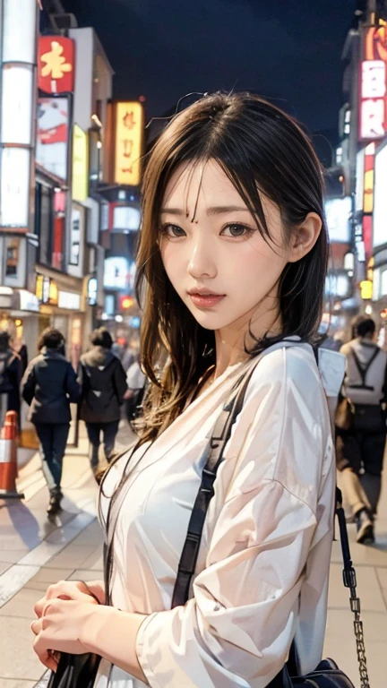 One girl, Tokyo Street,night, Cityscape,City lights, Upper Body,close, 8K, RAW Photos, Highest quality, masterpiece,Realistic, photo-Realistic,