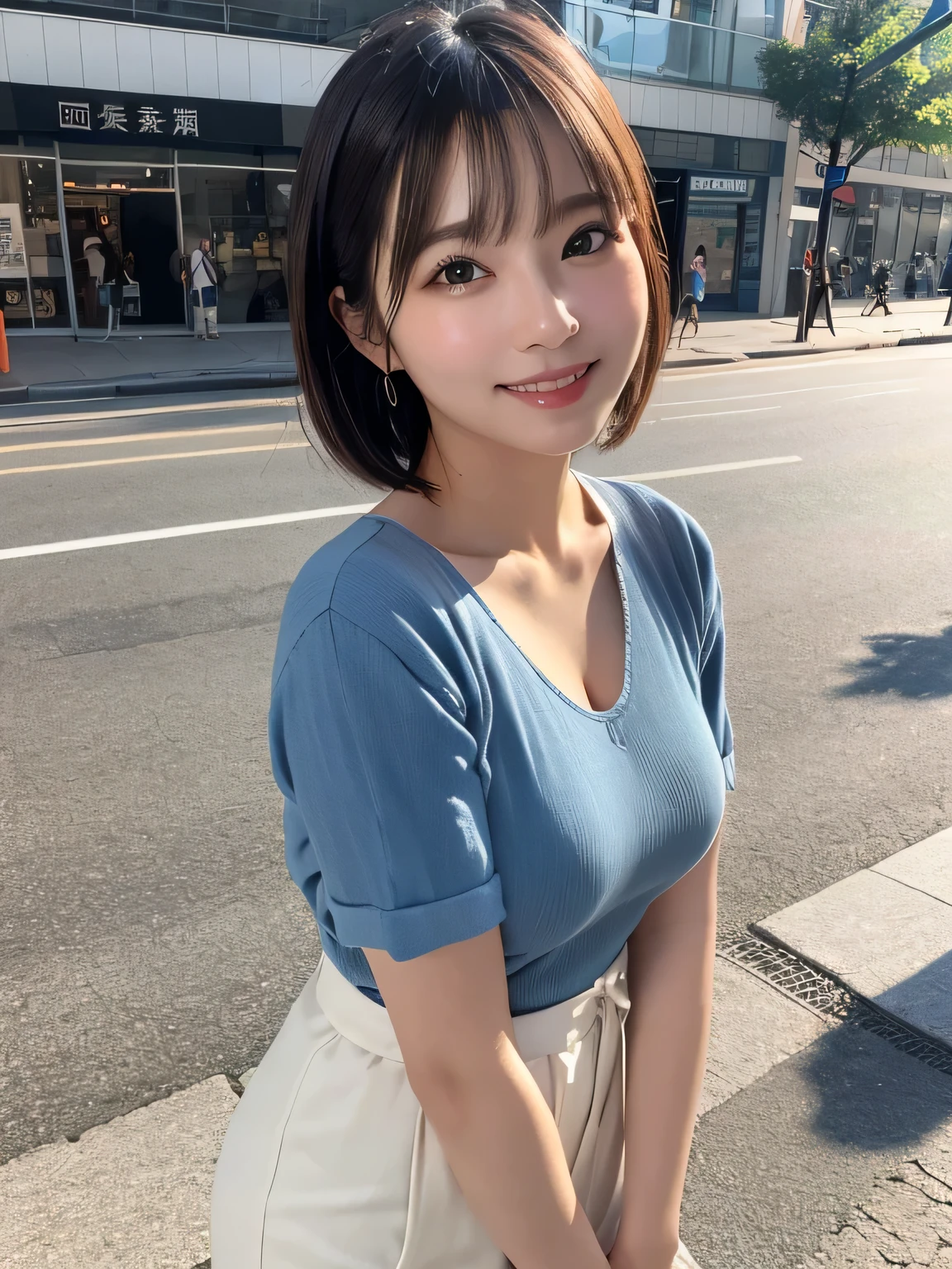 Very detailed CG Unity 8K 壁紙, Highest quality, Very detailed, masterpiece, Realistic, Realistic, Very detailed Japanese cute girls, (32 years), blush, Round eyes, Thick eyebrow chest, High resolution raw color photos, Professional photos, Portrait of sexy girl、Anatomically correct body shape、Healthy body shape、Brown short hair、smile、Write your hair、Front view、Show your side、Avoid the same pose、The whole body is shown、Female announcer、Mature Woman、Pictured alone、Has bangs、Neat clothes、City、bustling street
