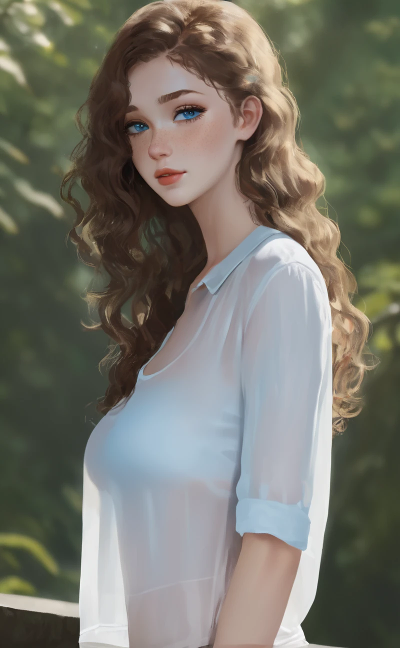 full body photo of beautiful age 23 girl, (very large detailed light blue eyes) and wavy brown hair, wearing a translucent white shirt, (very detailed textured skin), freckles over bridge of nose and cheekbones, very large and full lips, dslr, 8k, 4k, ultrarealistic, realistic, natural skin, textured skin ((profile)), breasts silhouette