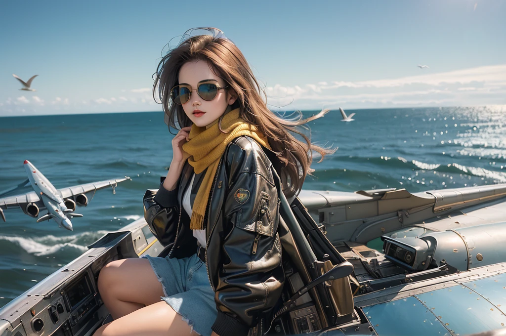 (best quality, 4k, Masterpiece, Ultra detailed, hyperrealism, RAW quality), 1 girl, ((sitting on Douglas C-1 airplane)), her: aviator jacket, scarf, retro goggles, sky, seagulls, wind front moving her hair, (((close shot))), red, yellow, blue, metallic shine, very sharp, attention to details