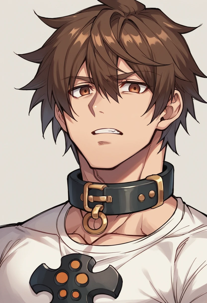 Human Male, Brown hair, wearing  shirt, ((wearing big metal Collar )), Guilty Gear ,half body