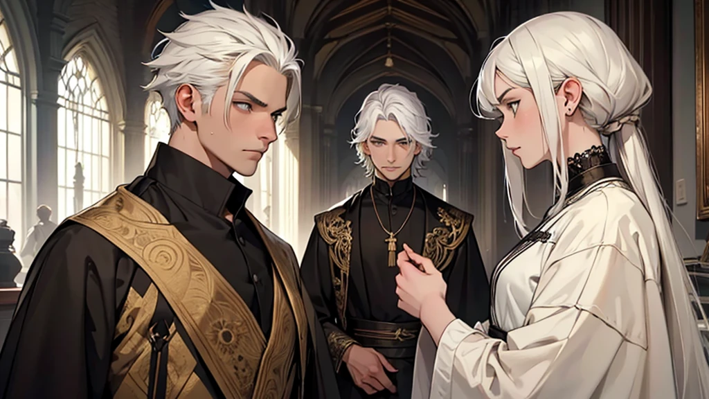 ((best quality)), ((work of art)), ((detailed)), young man with white hair, between two women, ((man with a nervous expression)), both women staring at him intently