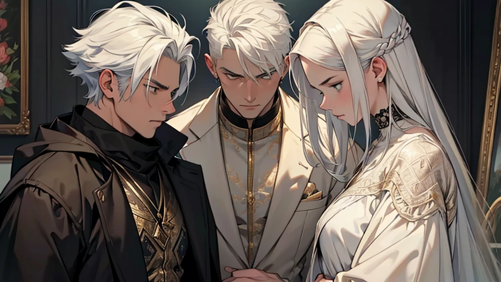 ((best quality)), ((work of art)), ((detailed)), young man with white hair, between two women, ((man with a nervous expression)), both women staring at him intently