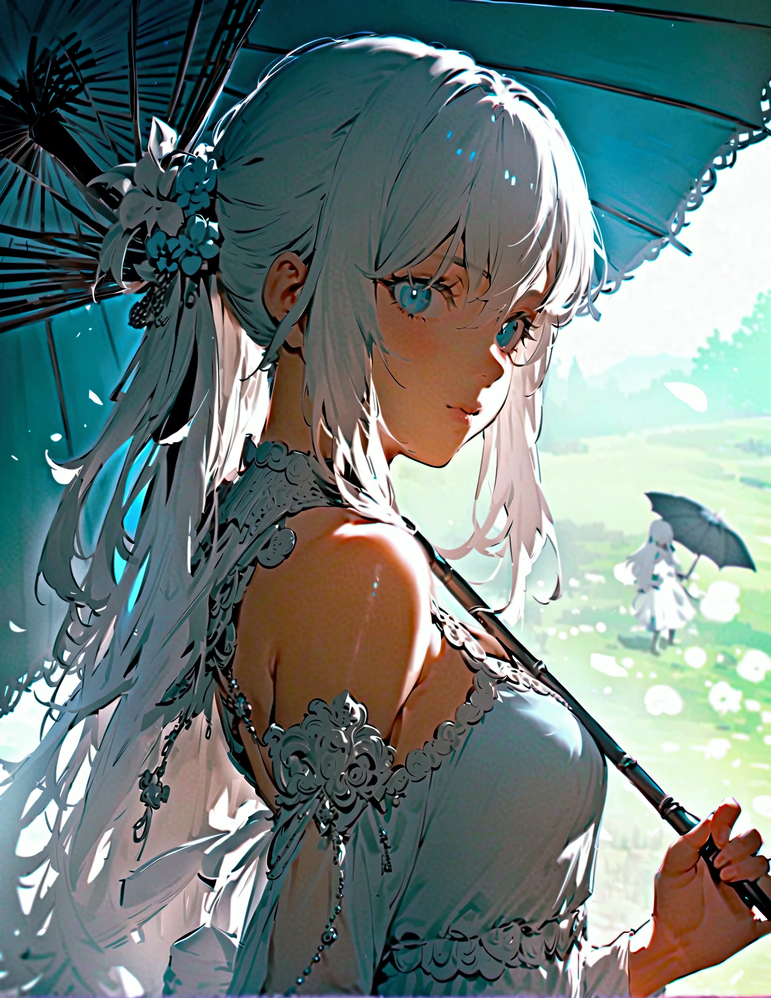 anime girl with long white hair and a blue dress holding a black umbrella, with a mirror, from arknights, white haired deity, anime style like falte/stay night, in dress, with white long hair, trending on pixiv, digital art on pixiv, at pixiv, silver haired, desaturated!!, anime character, lolish