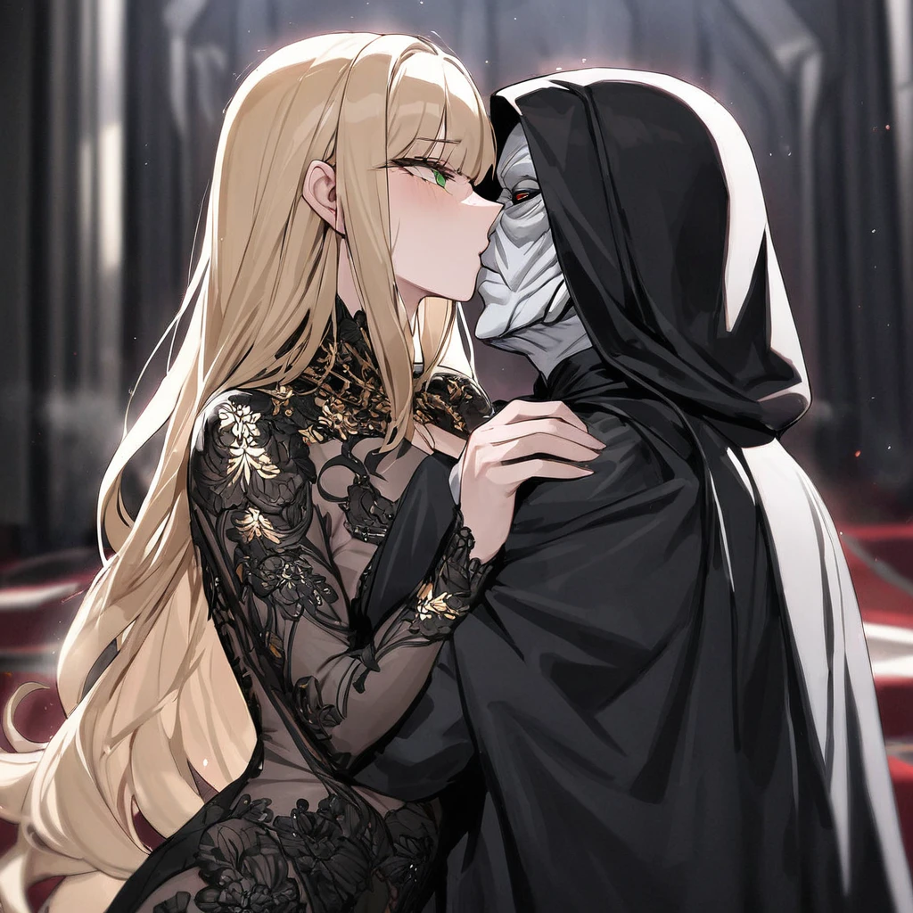 ((Highest quality)), ((masterpiece)), (detailed), （Perfect Face）、The woman is a thief with green eyes and medium-long blonde hair. She is wearing a gorgeous black wedding dress with gorgeous gold embroidery and trim, a black wedding veil, and an engagement ring.、The woman is married to Emperor Palpatine in a luxurious space empire church, where they embrace and kiss in a vow ceremony.、The woman is standing next to the Emperor, and the dignified old Emperor Palpatine embraces her, kisses her vows, and gets married.、The man is Darth Sidious, Emperor Palpatine, Dark Lord of the Sith, a wrinkled, dignified, ugly old man wearing a black hooded robe.