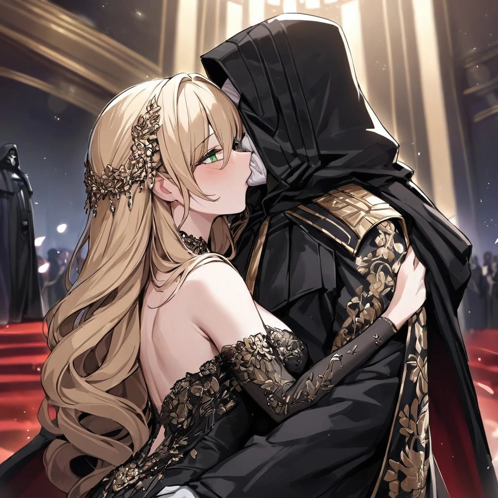 ((Highest quality)), ((masterpiece)), (detailed), （Perfect Face）、The woman is a thief with green eyes and medium-long blonde hair. She is wearing a gorgeous black wedding dress with gorgeous gold embroidery and trim, a black wedding veil, and an engagement ring.、The woman is married to Emperor Palpatine in a luxurious space empire church, where they embrace and kiss in a vow ceremony.、The woman is standing next to the Emperor, and the dignified old Emperor Palpatine embraces her, kisses her vows, and gets married.、The man is Darth Sidious, Emperor Palpatine, Dark Lord of the Sith, a wrinkled, dignified, ugly old man wearing a black hooded robe.