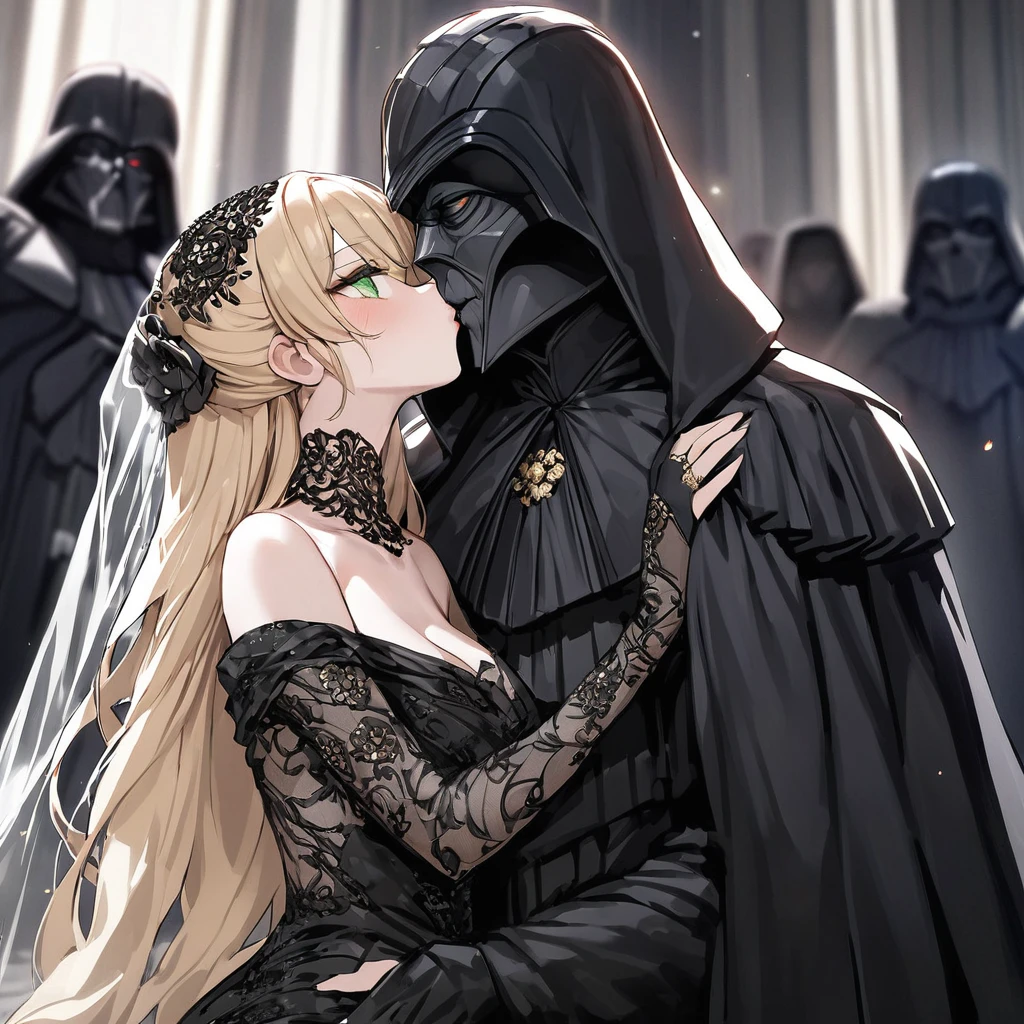 ((Highest quality)), ((masterpiece)), (detailed), （Perfect Face）、The woman is a thief with green eyes and medium-long blonde hair. She is wearing a gorgeous black wedding dress with gorgeous gold embroidery and trim, a black wedding veil, and an engagement ring.、The woman is married to Emperor Palpatine in a luxurious space empire church, where they embrace and kiss in a vow ceremony.、The woman is standing next to the Emperor, and the dignified old Emperor Palpatine embraces her, kisses her vows, and gets married.、The man is Darth Sidious, Emperor Palpatine, Dark Lord of the Sith, a wrinkled, dignified, ugly old man wearing a black hooded robe.