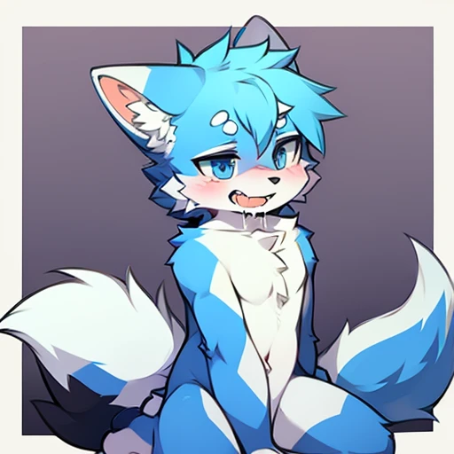 arctic fox，blue eyes，Naked body，smooth fur，Pounced，shy，Drooling，Full body portrait