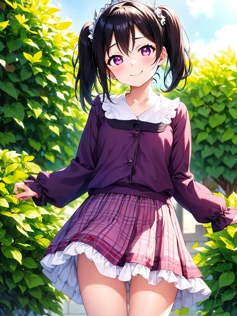 masterpiece, Highest quality, Nico_Yazawa,High resolution, 1 Girl, alone, Black Hair, short hair, Twin tails、Purple eyes, Cowboy Shot, Frill dress, tiara, Pink Dress, city, Outdoor, garden,Skirt flip,Panties in full view, (((Pixel Perfect, Perfect detail))), alone, 1 Girl, Yazai Hitoshi, uniform, Looking at the audience, smile，(Skirt flip:1.3), (string:1.1),White panties、YazawaNico、