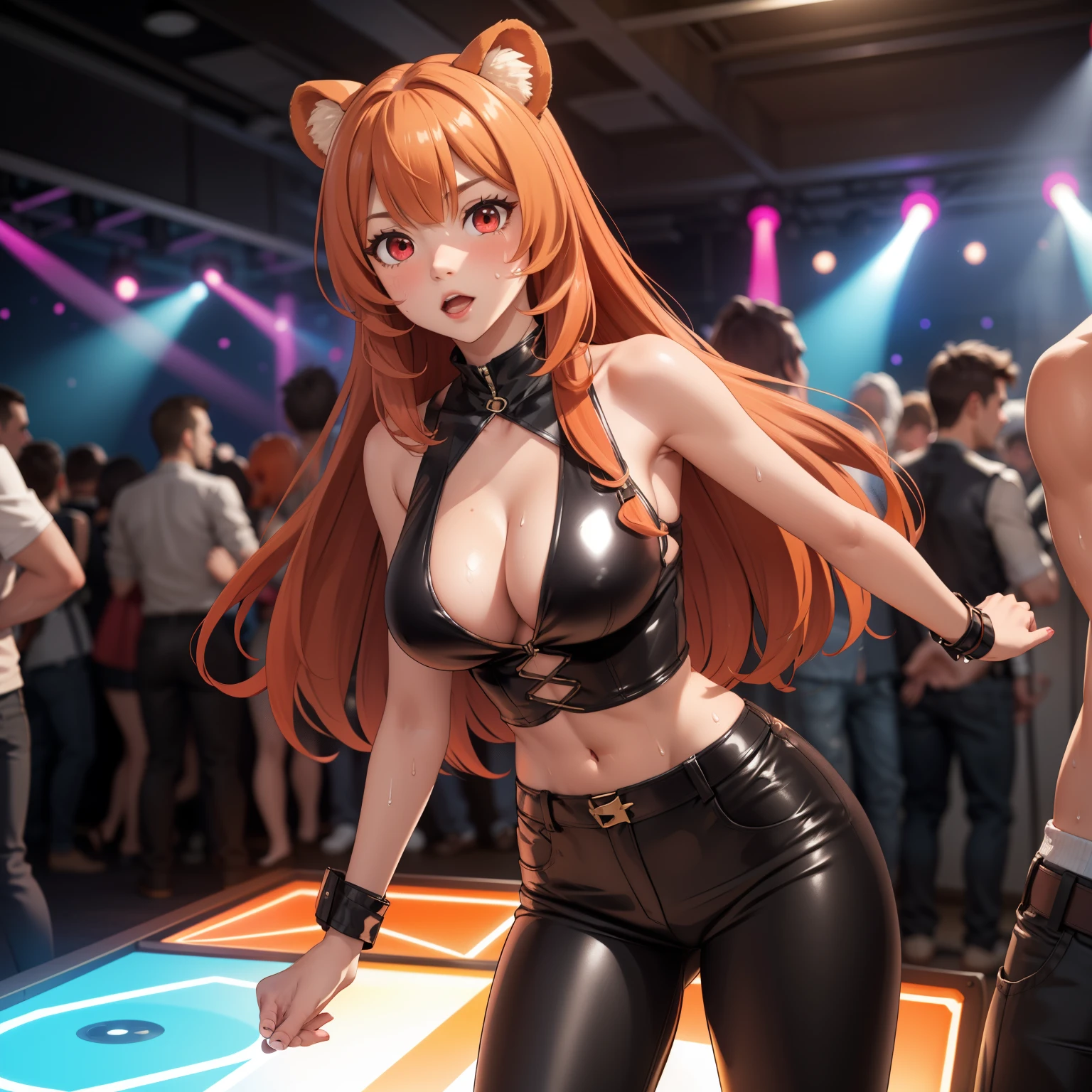 Raphtalia woman 23 years old straight orange hair , round bear ears, red eyes like ruby, avergonxada, expresion de verguenza.., low cut leather clothing,  leather pants, sweaty body, is standing, standing in the middle of a nightclub. surrounded by men , men surround her and watch, background a disco. many men.