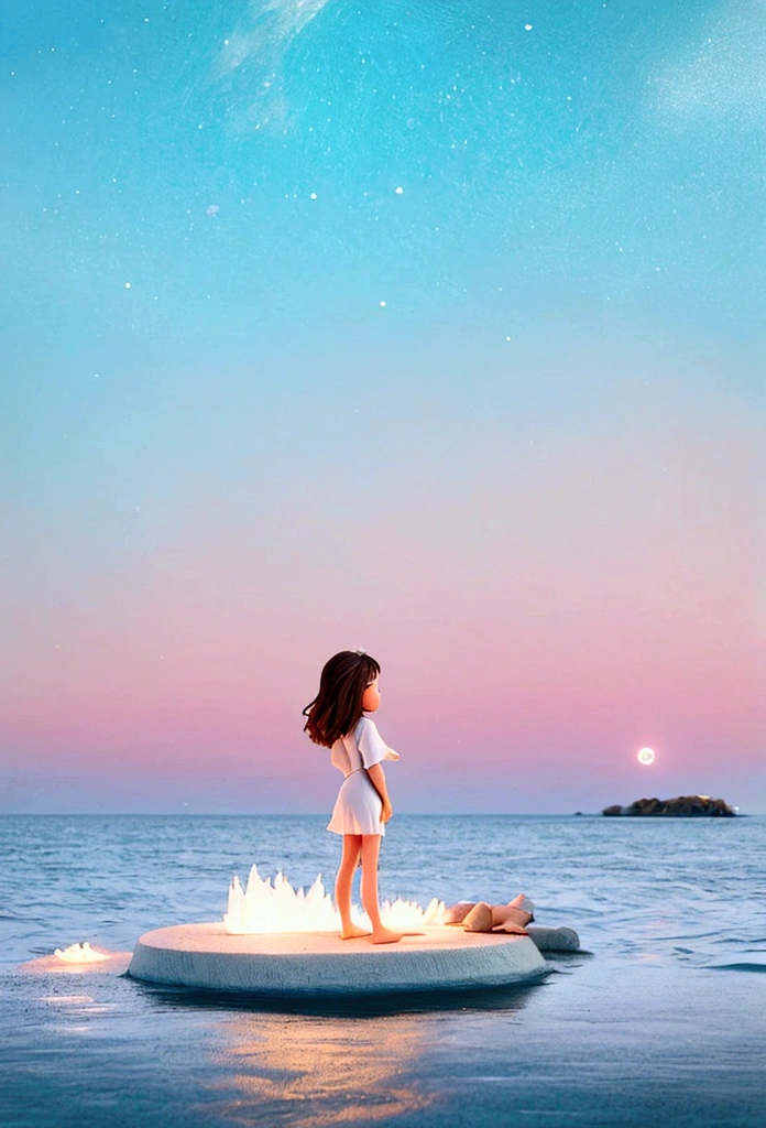 a girl standing with one foot in the water, night, thin clothes, girl standing, girl sideways, girl between the horizon and the sea, view from the side, ripples from her toes, scene is about 20m away, over the sea, night, everything glowing, meteor shower