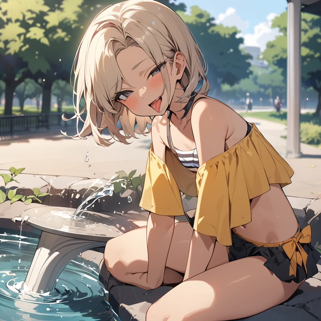 (anime style),masterpiece, best quality, extremely detailed,15Year old,tanned skin,dark skin, Beautiful body,small breasts,BREAK,multicolored colorful black hair,short hair,hair slicked back,for head,pigtails,BREAK,black eyes,out tongue,shy smile,open mouth,mouth on water,half closed eye,detailed lips,open legs,BREAK,cotton black big ribbon,BREAK,yellow camisole,striped_bikini,off shoulder,navel,break,head tilt,in the park,dripping,Drinking fountains,