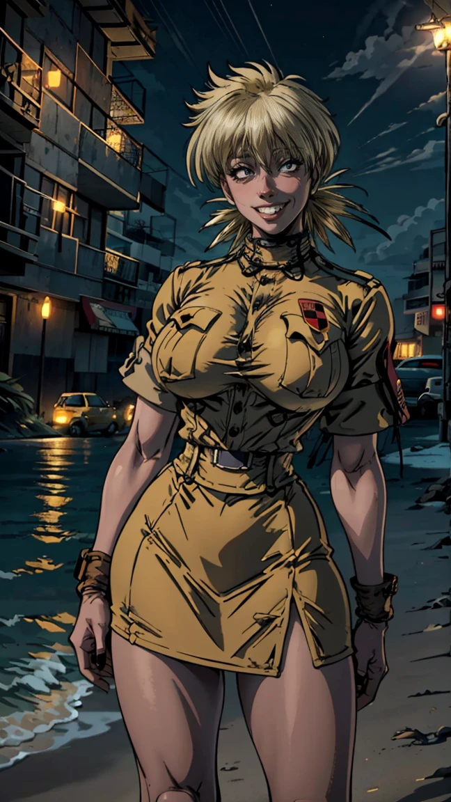 Seras Victoria,  milf, old woman, yellow hair, uniforme militar color arena,  ((sand-colored military uniform, sand colored mini skirt , flushed, smile coqueta, black lipstick, gothic aesthethics)) , (( flushed, smile, oiled skin)), picking up her breasts, (( rubor, Caderas anchas)), Curvy body, (( gigantic sagging breast)), long legs, open legs,Iparuputsua, standing, ((de pie)), on the beach at night, city lights in the distance, Cancun, image from below