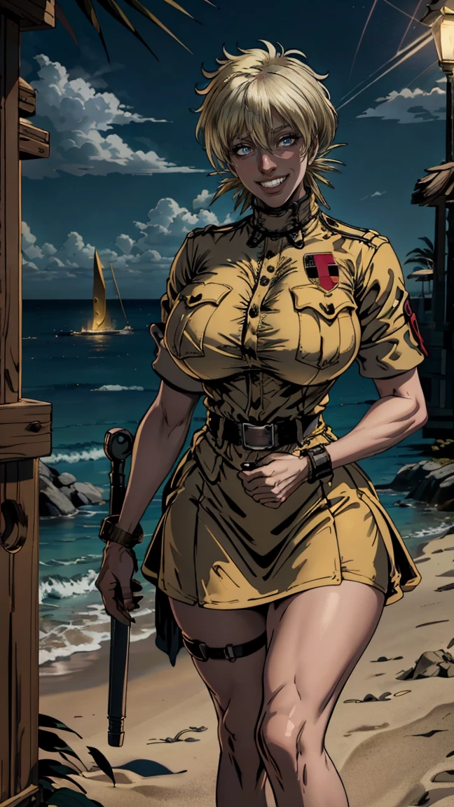 Seras Victoria,  milf, old woman, yellow hair, uniforme militar color arena,  ((sand-colored military uniform, sand colored mini skirt , flushed, smile coqueta, black lipstick, gothic aesthethics)) , (( flushed, smile, oiled skin)), picking up her breasts, (( rubor, Caderas anchas)), Curvy body, (( gigantic sagging breast)), long legs, open legs,Iparuputsua, standing, ((de pie)), on the beach at night, city lights in the distance, Cancun, image from below