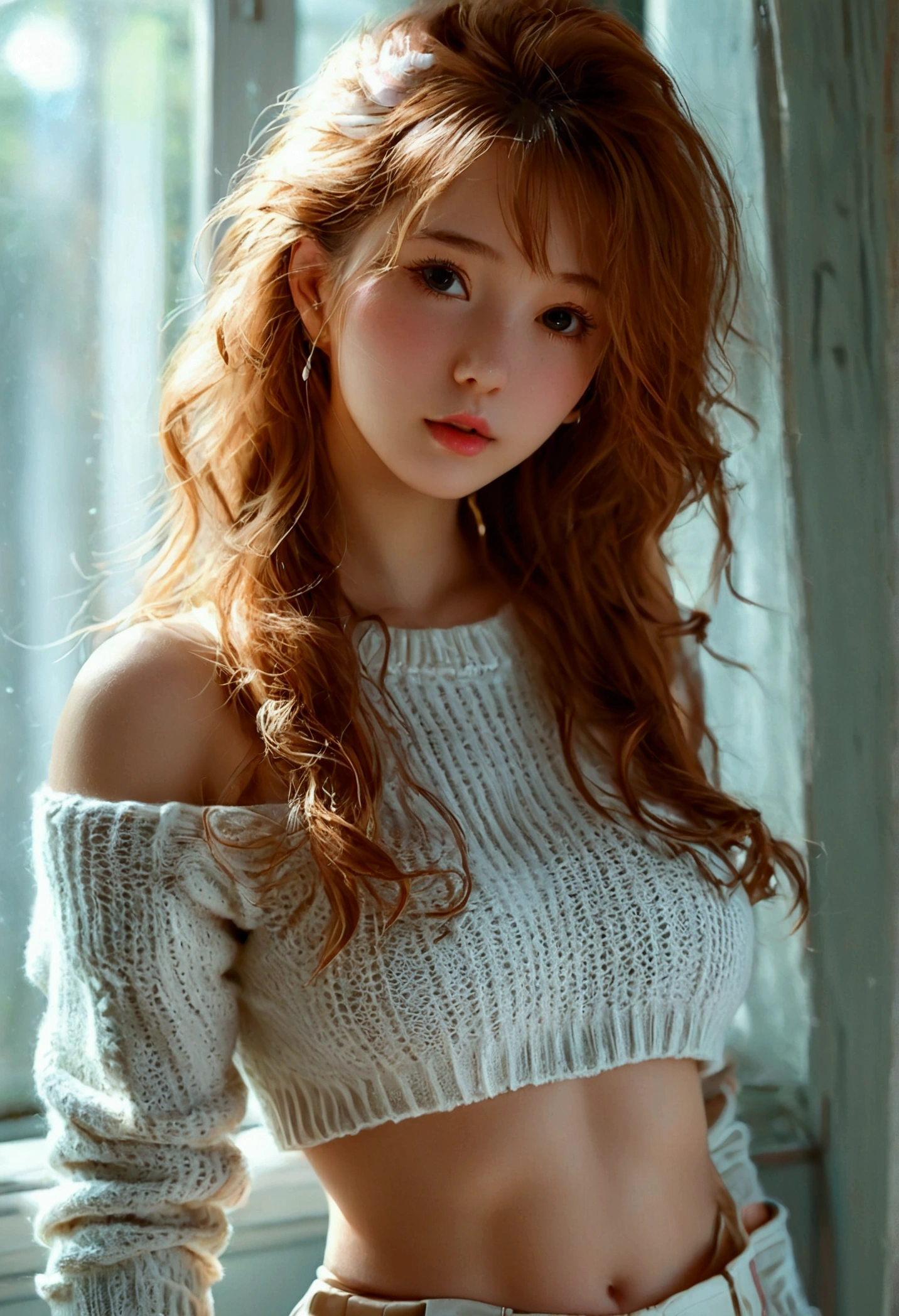 (masterpiece)), ((best quality)), (Ultra-detailed), ((kawaii)), mignon, (adorable), ((extremely detailed)), 4k, (8k), best quality, (Gorgeous),(((world class quality))), extremely detailed, High resolution, (cute detailed shaded face), whole body, Adscent, Alone, (((gigantic tits))), (((sagging breasts))), spring suit, pull marron, pull, ribbed sweater, long sleeves, White pants,