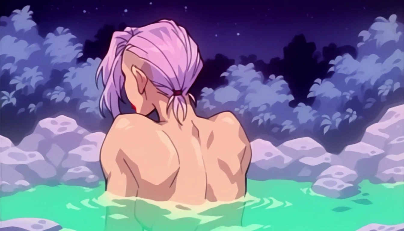 rating_explicit, woman, lilac hair, sidecut ponytail hair, red lipstick, hot Springs, naked, doggystyle sex, calm, night background