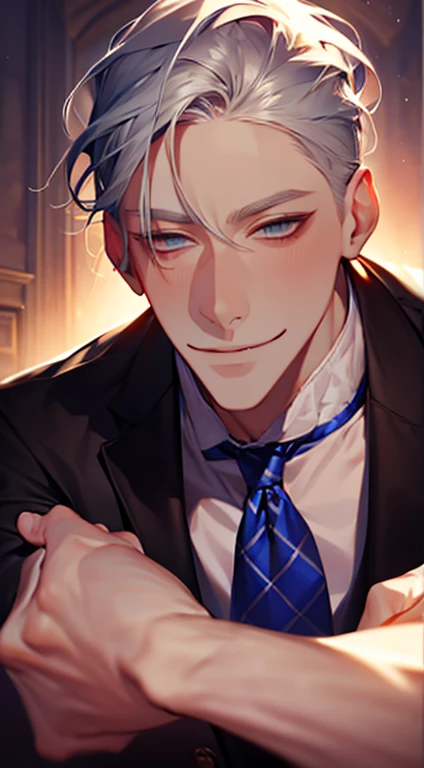 (best quality,4k,8k,highres,masterpiece:1.2),ultra-detailed,(realistic,photorealistic,photo-realistic:1.37),1 man,31 years old,mature man,very handsome,without expression,smile,short grey silver hair,blue eyes,penetrating gaze,perfect face without errors,imposing posture,businessman,office background,cinematic lighting,hdr image