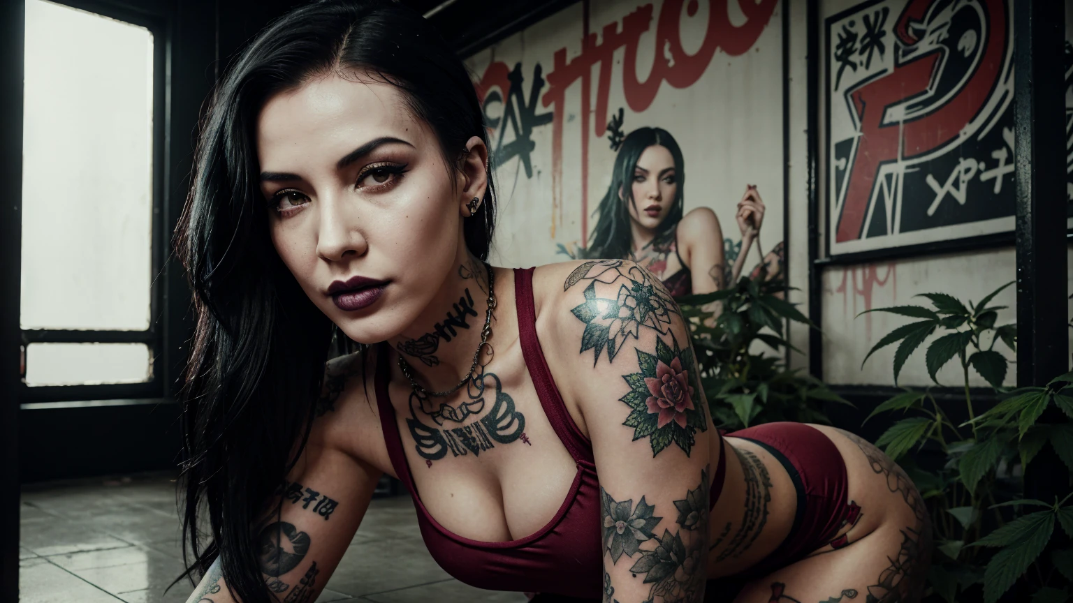 stylized artwork of soft filter. grunge filter. photorealistic. 8k. cinematic, very high resolution. maximum resolution. ultra realistic. unique beautiful face, realistic face, retro grunge photo ascetic. grunge chinatown graffiti, sexy, tattooed, Marilyn Manson,  cute sexy goth girl, in marijuana plants buds crop, skimpy sexy red gym outfit
