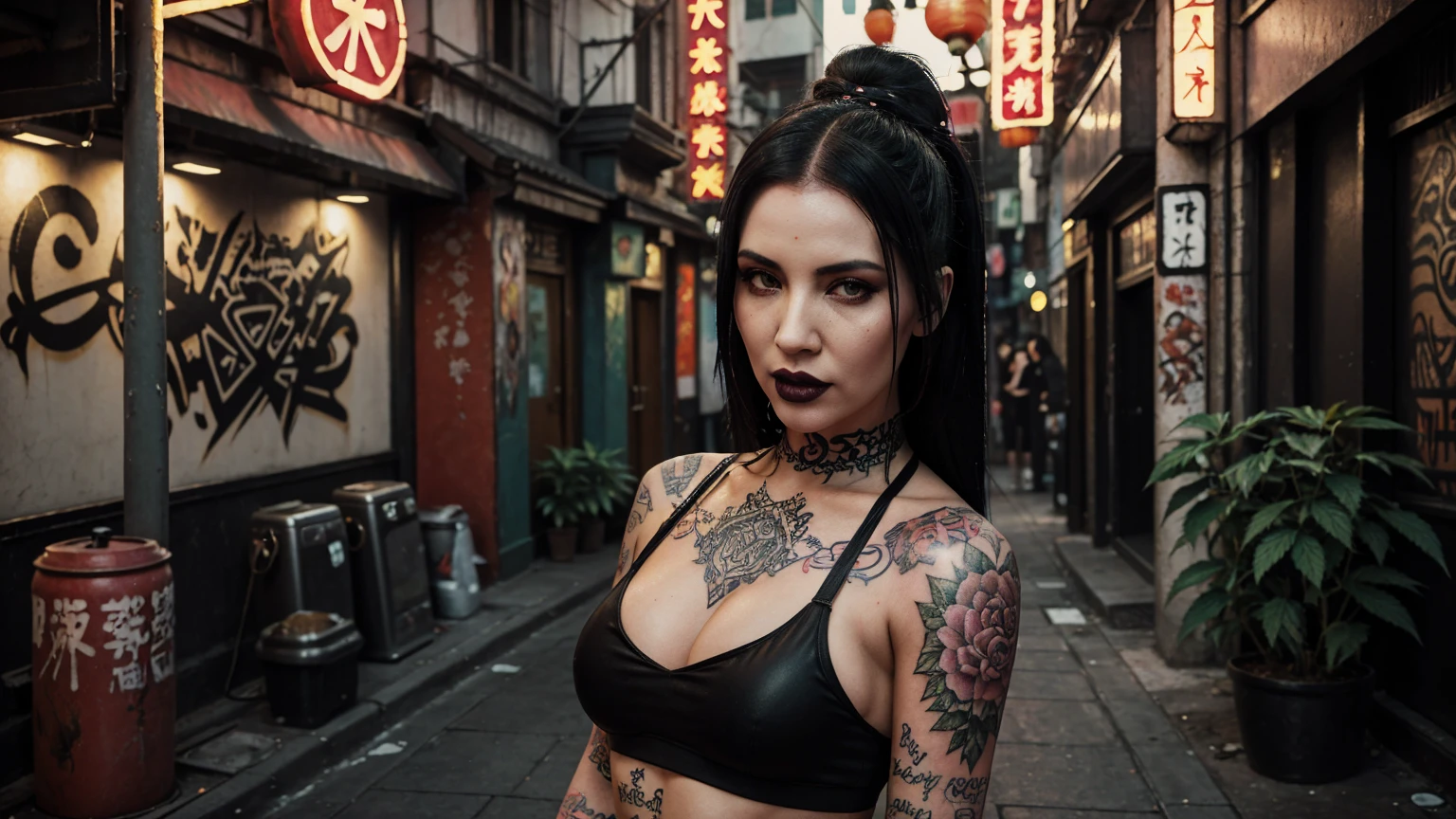 stylized artwork of soft filter. grunge filter. photorealistic. 8k. cinematic, very high resolution. maximum resolution. ultra realistic. unique beautiful face, realistic face, retro grunge photo ascetic. grunge chinatown graffiti, sexy, tattooed, Marilyn Manson, teen cute sexy goth girl, in marijuana plants buds crop, skimpy sexy red gym outfit
