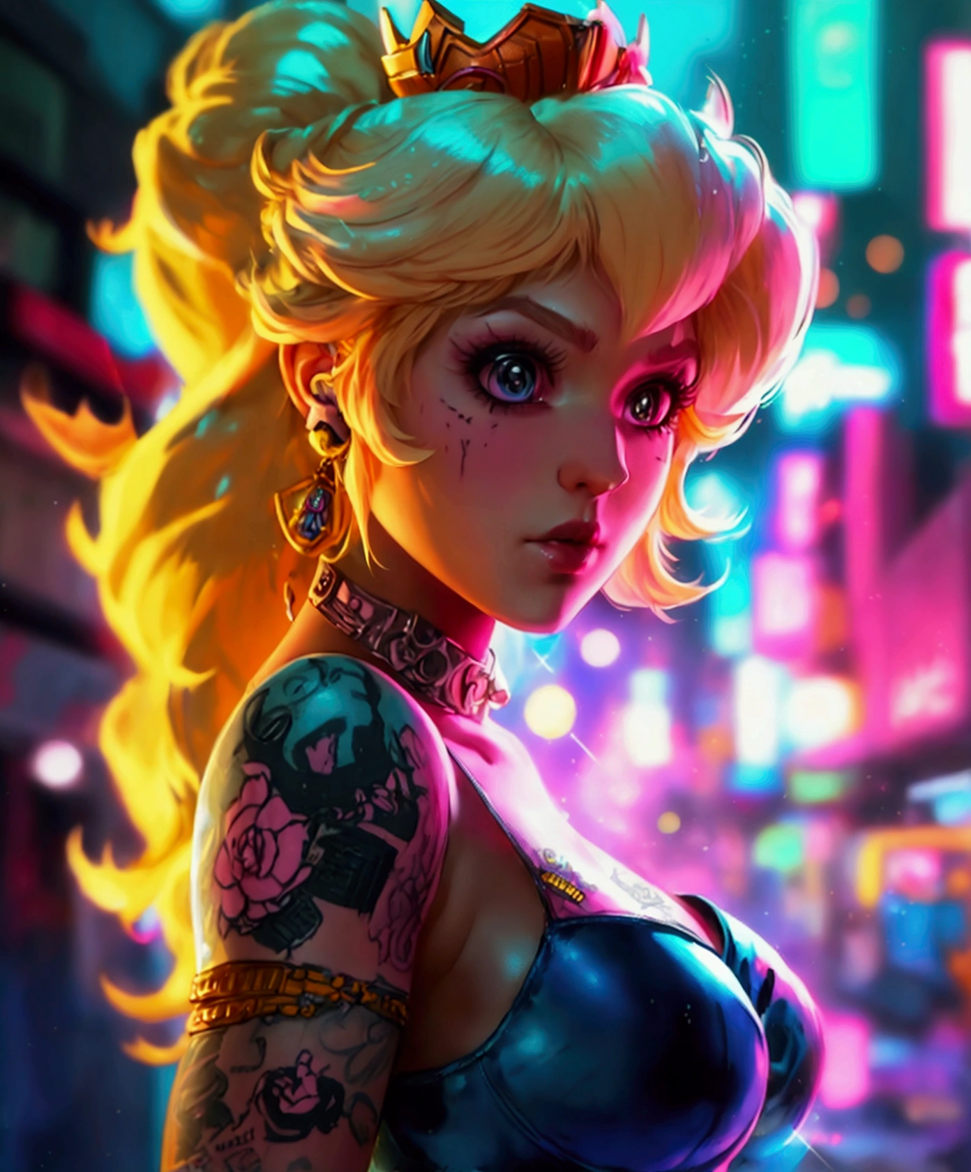 Imagine Princess Peach as a female bounty hunter, riot, with tattoos and pink highlights, in a neighborhood of crime in a city and a cyber-punk era