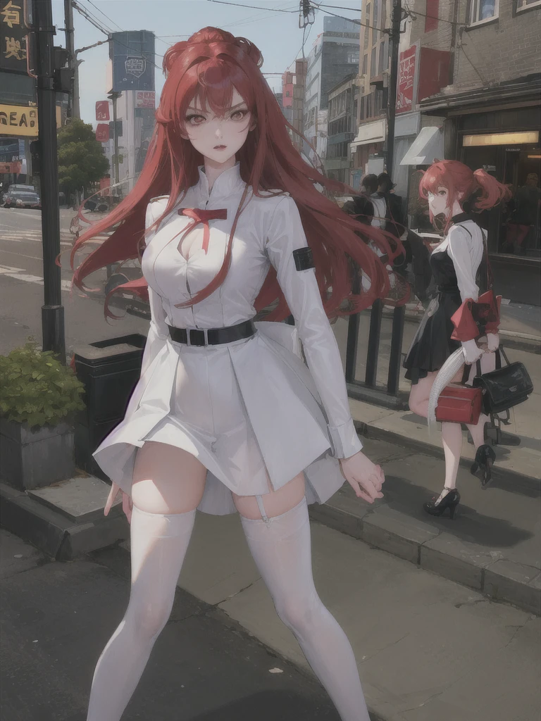 A handsome girl in a nightclub, with a princess cut, bright red hair, a white shirt, and a proud chest covered tightly, with leg rings, black stockings and high heels, standing on the brightly lit street, pedestrians coming and going, some angry expressions, hand details