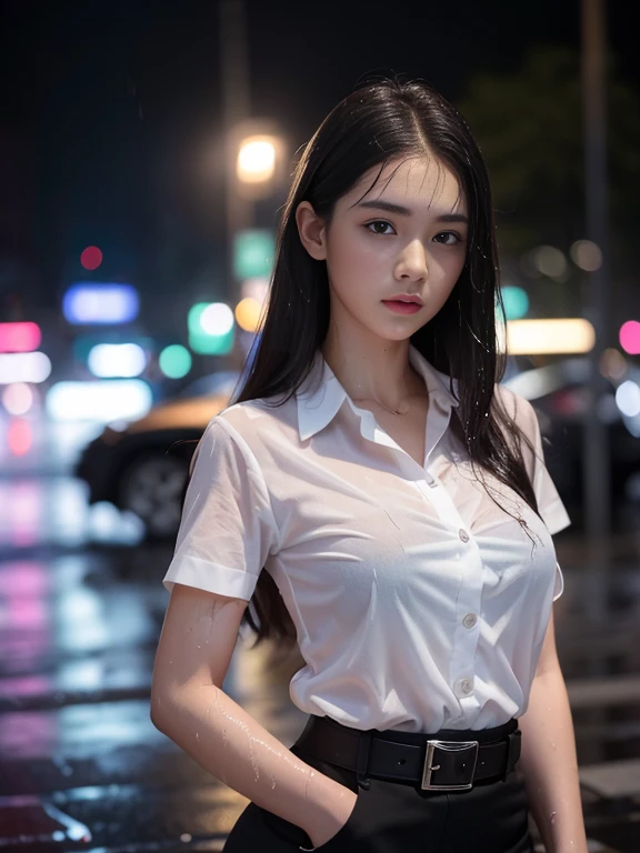 (RAW shooting, realistic:1.5, 8K, Highest quality, Masterpiece, Ultra high resolution), Perfect dynamic composition:1.2, Night street corner of modern city, expression of sadness:0.5, heavy rain:1.3, Highly detailed skin and facial features:1.2, one Slim lady wet in the rain:1.3, white skin:1.2, perfect style:1.2, beautiful and beautiful:1.1, Very beautiful face:1.2, water droplets on the skin, and face:1.2, (rain drips all over my body:1.2, wet body:1.2, Wet hair:1.3, The black tight skirt was wet.:1.2, A wet white short-sleeved shirt:1.3), Brown suede belt:1.2, Black bra under white shirt:1.4, white sneakers, (cry, Heartbreak, The expression on your face when you feel a strong touch., Facial expressions when feeling pleasure), (beautiful blue eyes, Eyes that give a feeling of elegance and beauty:0.8), (Too erotic:0.9, Fascinating:0.9), upper body, close up, rain, metal shirt buttons:1.2, metal plate buckle:1.3, at night:1.2, Thai University Uniform, at night:1.3, stand, rain foreground and background
