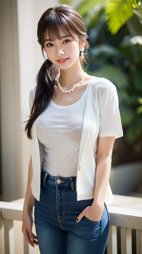 1 girl, national foundation, ((8k, raw, masterpiece: 1.5)), (Professional photography, sharp:1.2), Perfect dynamic composition, (Natural sun light), (soft shadow), (Perfect body:1.4), (((skinny figure))), ((huge round breasts: 1.3)), (((((medium ponytail hair,bangs))))), Ultra-detailed faces and skin, perfect asian, White skin, (Delicate skin:1.4), (latex skin:0.4), (perfect glowing skin:0.6), light brown eyes, beautiful eyes, round eyes, pretty face, blush, glossy lips, ((plump lips)), glossy eyes, Really moist skin, smile gently, looking at camera, Elegant pearl necklace, Elegant pearl earrings, minimalist, (((white t-shirt))), ((blue denim jacket))), (((navy blue jeans trouser))),