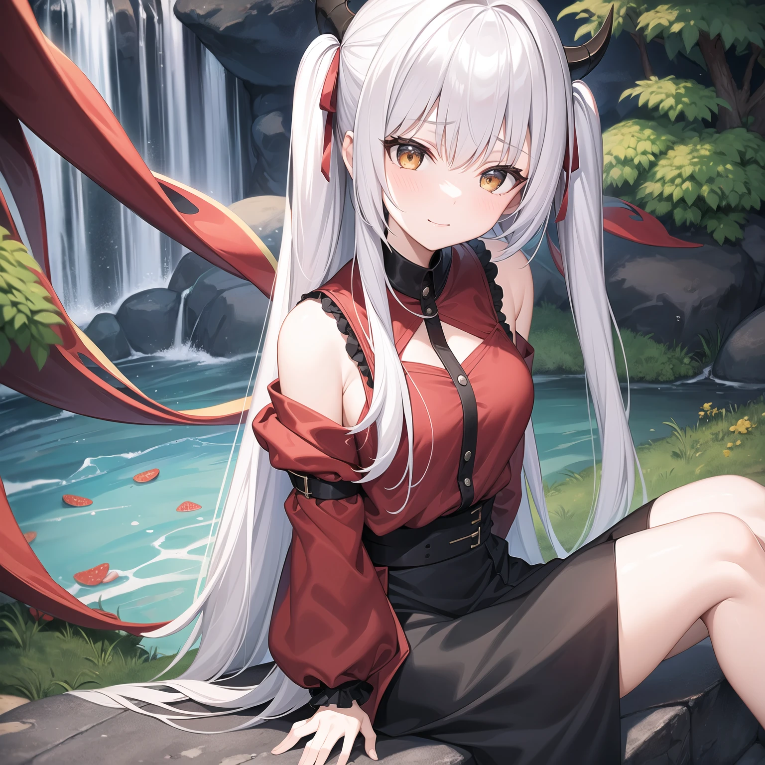 1girl, giggles, white hair, horn bat wing, black and red horn, yellow eyes, red black facepain bellow cheek, holding strawberry donut, black and red outfit, dark blue skirt, waterfall background, sitting under wood, grass ground, rainbow infront waterfall