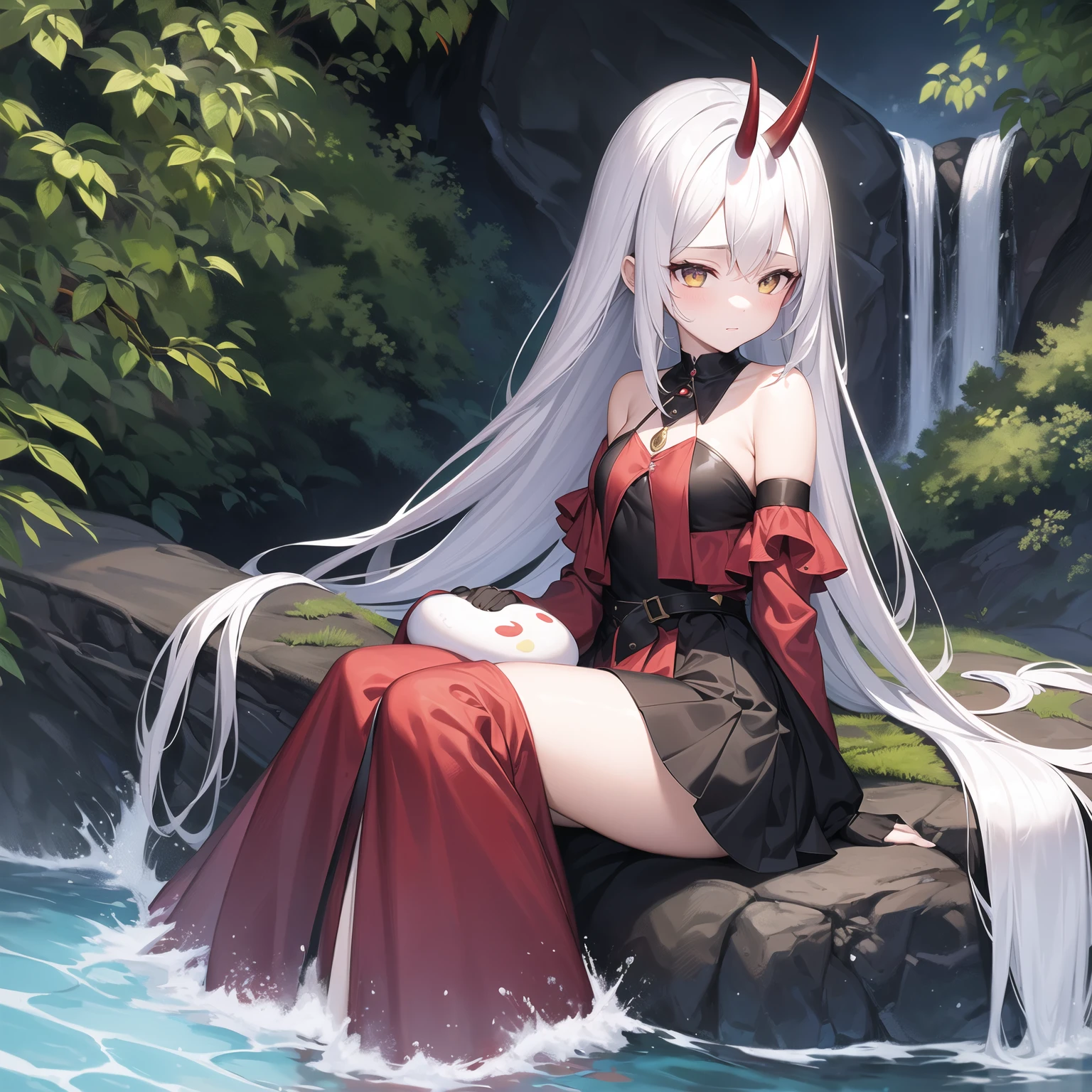 1girl, giggles, white hair, horn bat wing, black and red horn, yellow eyes, red black facepain bellow cheek, holding strawberry donut, black and red outfit, dark blue skirt, waterfall background, sitting under wood, grass ground, rainbow infront waterfall