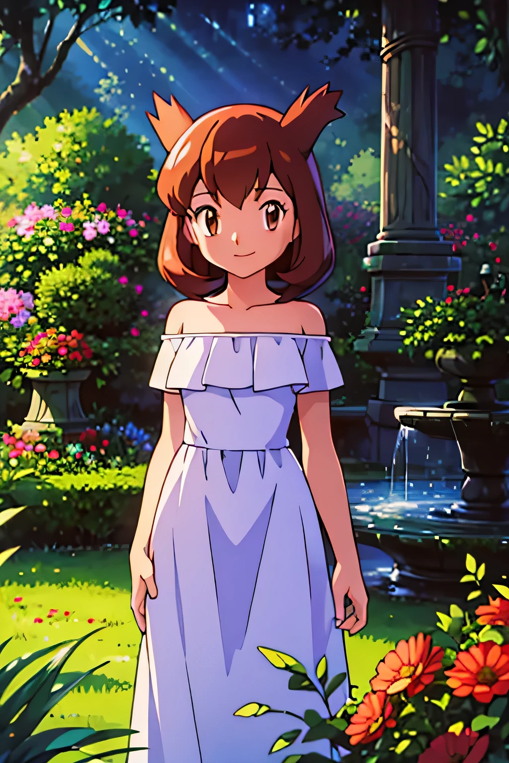 masterpiece, best quality, ultra-detailed, illustration, beautiful detailed eyes, very detailed illustration, cinematic lighting, 1 girl, solo, Pokemon Heroes (Bianca), Brown Hair, brown eyes, bare shoulders, strapless, off shoulders, white ruffle off the shoulder top, white maxi dress, intricate details, sharp focus, high resolution, the background of beautiful garden with a forest of flowers, at sunrise, smile, standing near a water pool on the bottom, arms behind back, anime style, ultra-detailed, hdr, far at the bottom, in the center, Close up