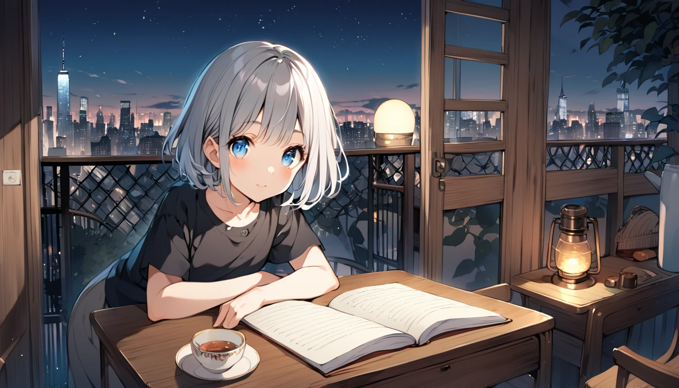 ghibli style, Hayao Miyazaki, blue eyes, gray hair, Studying at a desk on the veranda with a night view of New York in the background, looking the viewer, shirt, Short hair, sweet girl