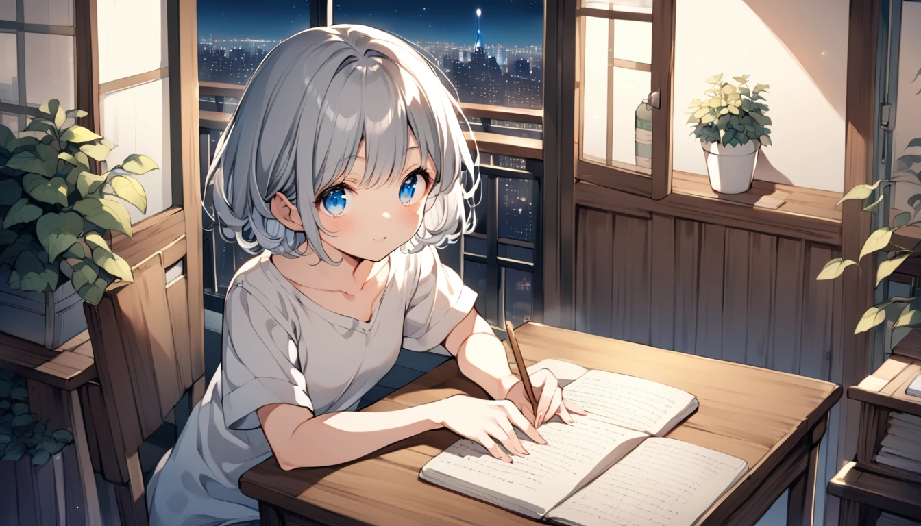 ghibli style, Hayao Miyazaki, blue eyes, gray hair, Studying at a desk on the veranda with a night view of New York in the background, looking the viewer, shirt, Short hair, sweet girl