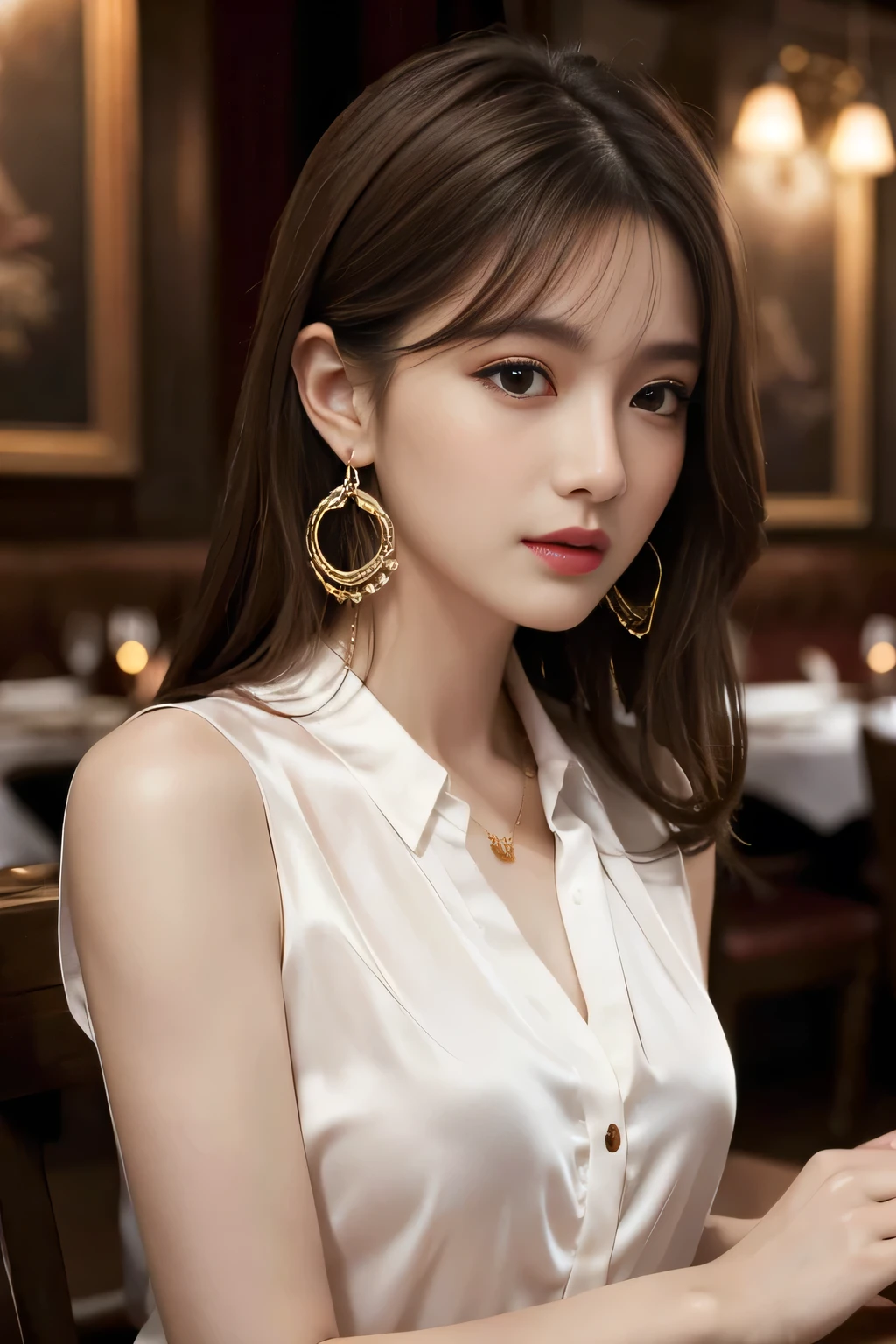 masterpiece, Highest quality, Realistic, Very detailed, Finer details, High resolution, 8k wallpaper, One beautiful woman, Wear an elegant silk shirt, In a great restaurant, At night, Light brown messy hair, Perfect dynamic composition, Beautiful and beautiful eyes、Big earrings、chest、Sleeveless shirt、