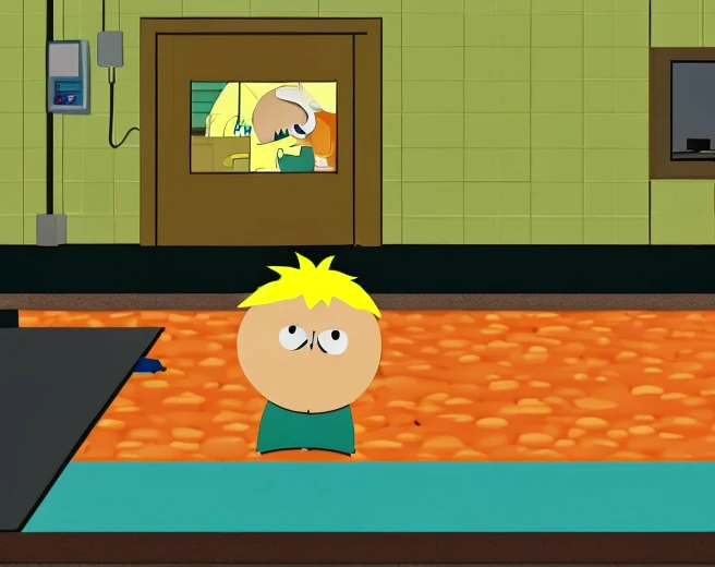 Butters Stotch, Biggest Muscle, holding Machinegun, Rage, Lava in floor, Hospital 