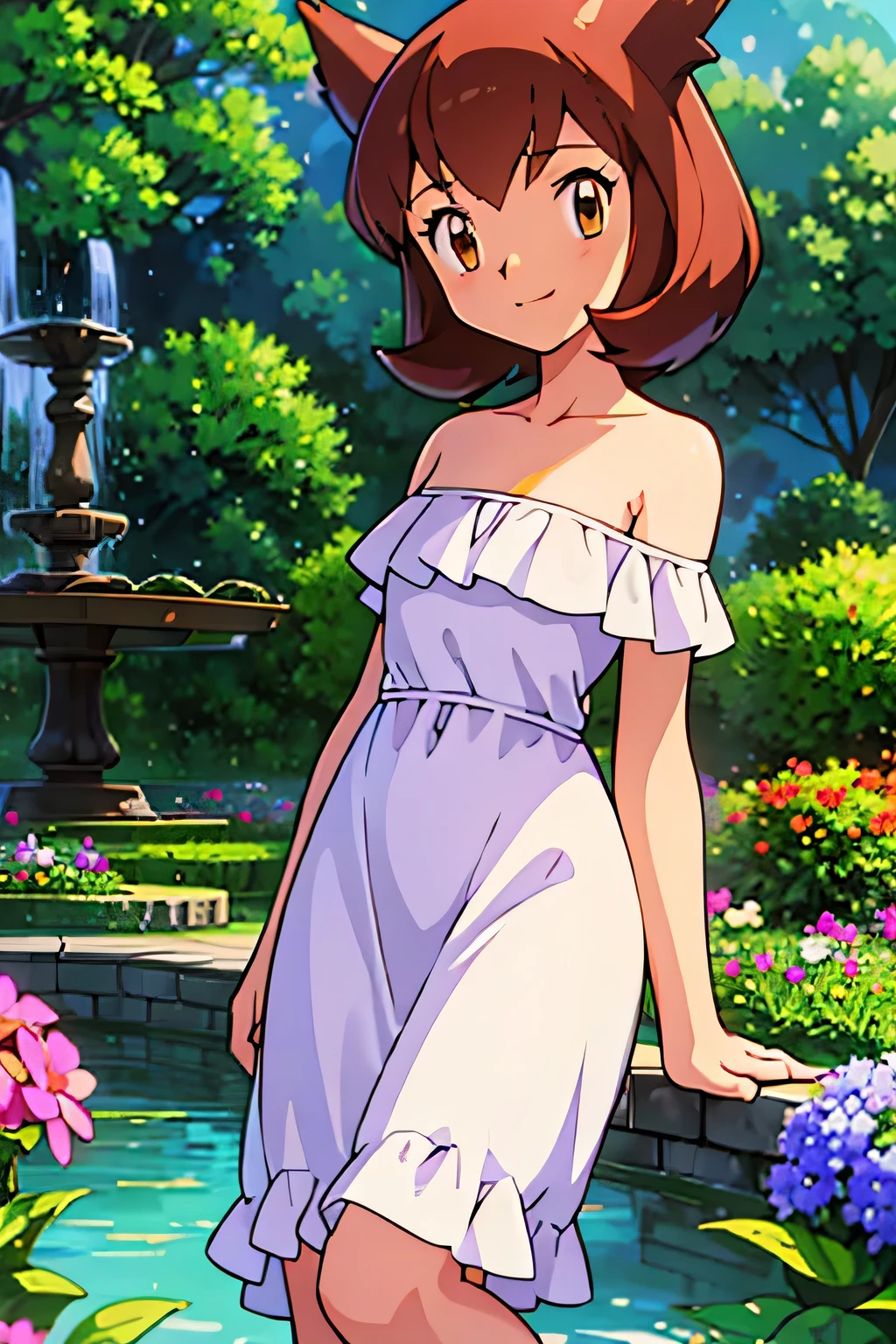 masterpiece, best quality, ultra-detailed, illustration, beautiful detailed eyes, very detailed illustration, cinematic lighting, 1 girl, solo, Pokemon Heroes (Bianca), Brown Hair, brown eyes, bare shoulders, strapless, off shoulders, white ruffle off the shoulder top, white maxi dress, intricate details, sharp focus, high resolution, the background of beautiful garden with a forest of flowers, at sunrise, smile, standing near a water pool on the bottom, arms behind back, anime style, ultra-detailed, hdr, far at the bottom, in the center, Close up