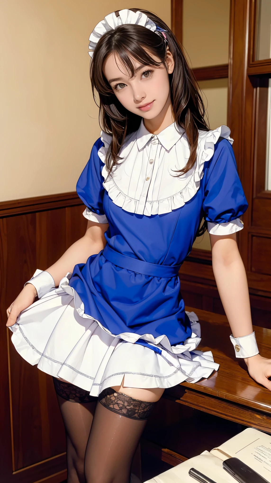 ((masterpiece)),(((Highest quality))),((Bright facial expression)), 14-year-old girl, Cute type, The best smile:1.5,(Very slim:1.4), Very small ass:1.5, Realistic buttocks, Emphasize the chest,Curly Hair, Thin thighs, Long legs, It's not a big deal, ((Dress and stockings, Gorgeous maid, Maid clothes,Hair Ribbon)), Posing while serving customers at a store:1.5,