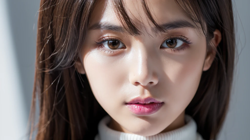 Zoom in on face,Sharp Eyes,(Detailed face),(vivid),Turtleneck thin(Silver)Clothes,4K,Ultra-high resolution,(Photorealistic:1.7),Black long hair,Gray background,