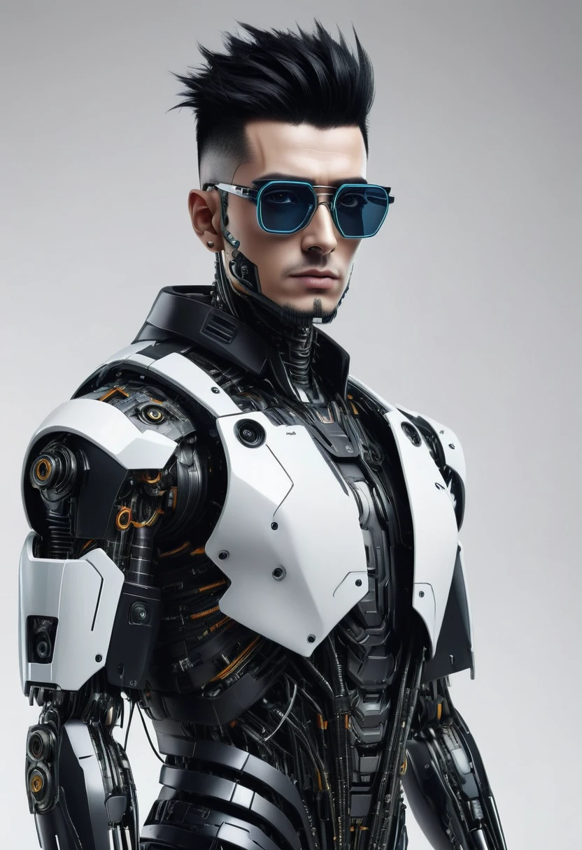 Male robot body hair with black-rimmed glasses with undercut hair, Look to the camera ::futuristic cyberpunk style ,realistic styling ::n_digital painting style, robotic parts, face perfect::seed 1、Black Edged Hair、large nose、Black-based clothing, photo by full body, White background